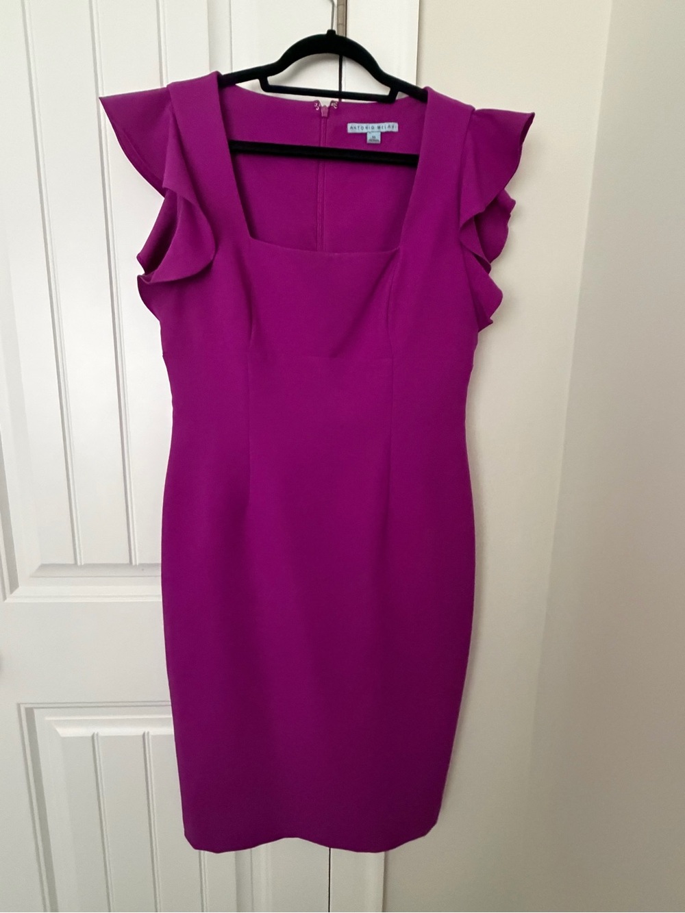 ANTONIO MELANI Fuchsia Ruffle-Sleeve Midi Sheath Dress